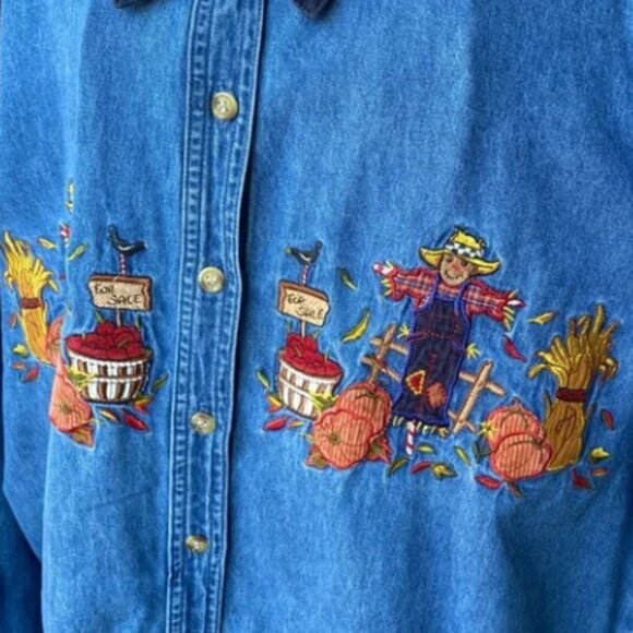 Vintage Bobbie Brooks Denim Corduroy Embroidered Fall Long Sleeve Button Shirt L - Picture 5 of 6